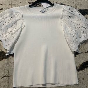 white ribbed ruffle sleeve top